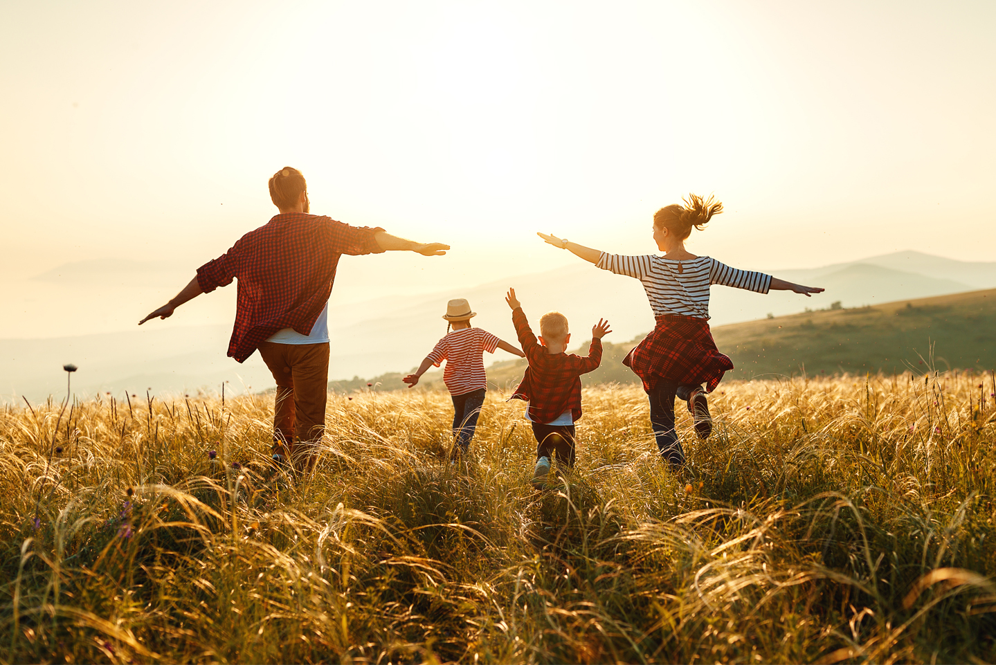 Image showing a happy family in nature at sunset